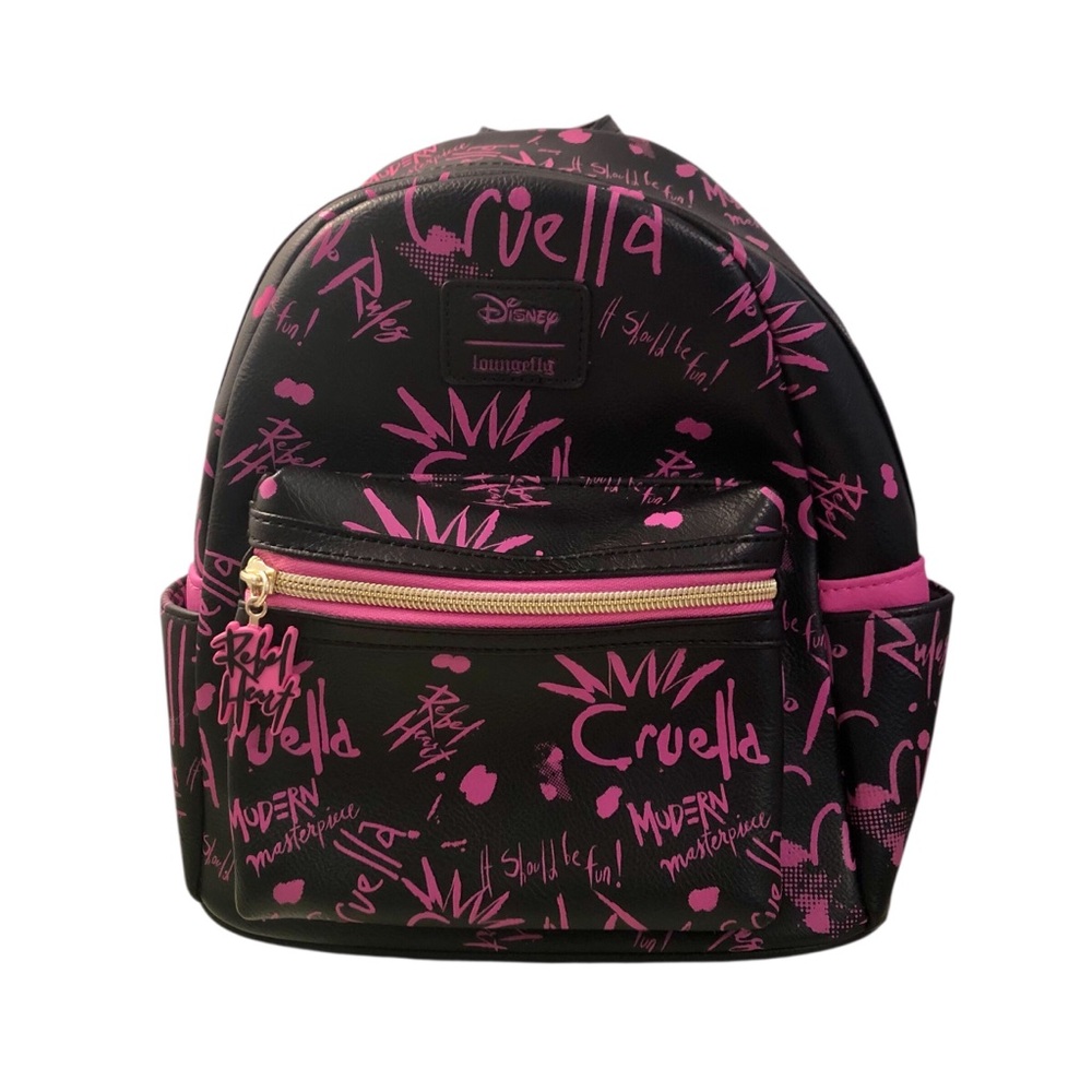 Disney Loungefly Rebel Heart Black Mini Backpack with Fuchsia Graffiti Print